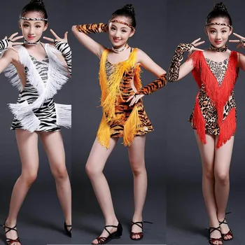 

Girls Sexy Leopard Latin Dancewear dress Kids Salsa Party dancing Dress Children's Fancy dress