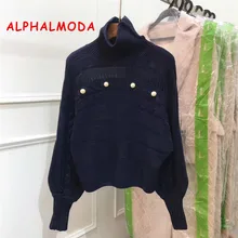 ALPHALMODA, осенне-зимний свитер с вырезами и жемчугом, сексуальный, прозрачный, с кисточками, скрученный узор, толстый, с высоким воротом, теплый джемпер