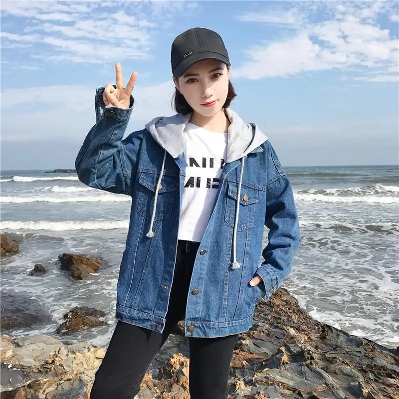 

Spring and Autumn Women's Denim Short Jacket Female Student Tide Korean Edition Loose Hooded Jacket bf Couple Large Size Coat