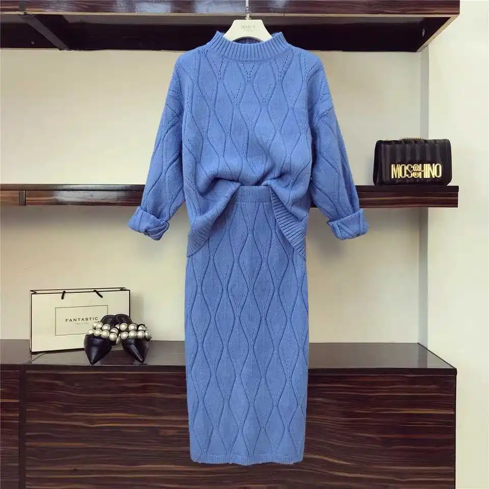Women Sweater Skirt Set 2018 Lady Solid Color Blue Knitted Pullovers & High Waist Skirts Knitted