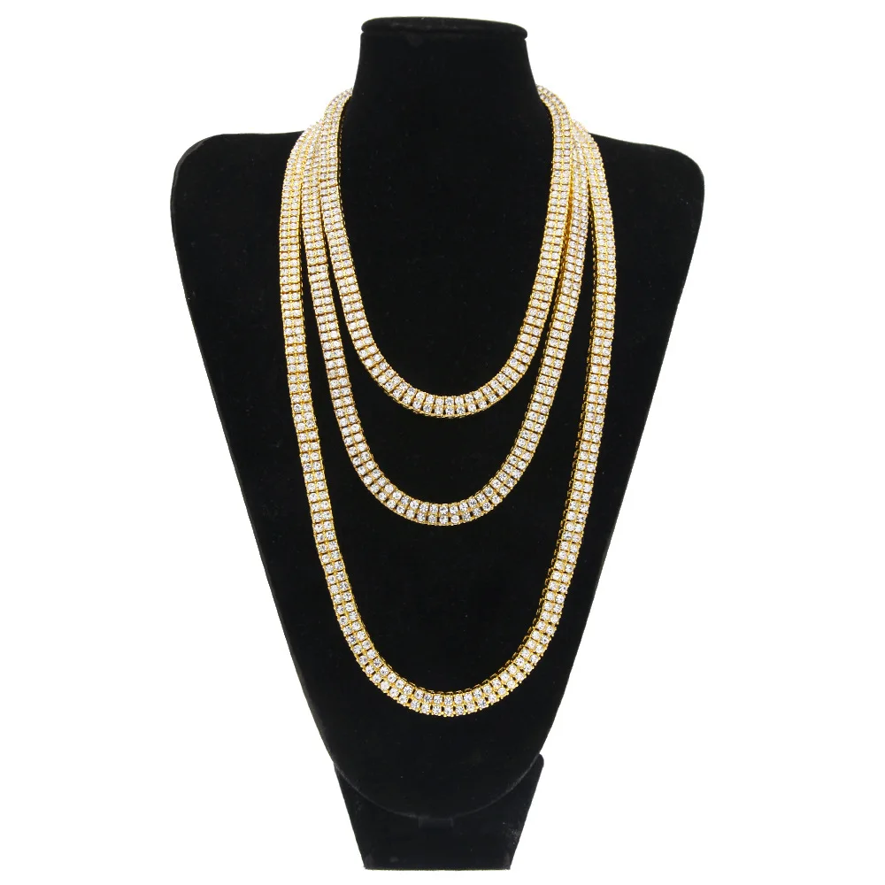 В стиле «хип-хоп» Bling льдом 2 ряда теннисные ожерелья Для женщин Для мужчин золото серебристый, Черный Полный AAA стразы украшения 20/24/30 дюймов цепи