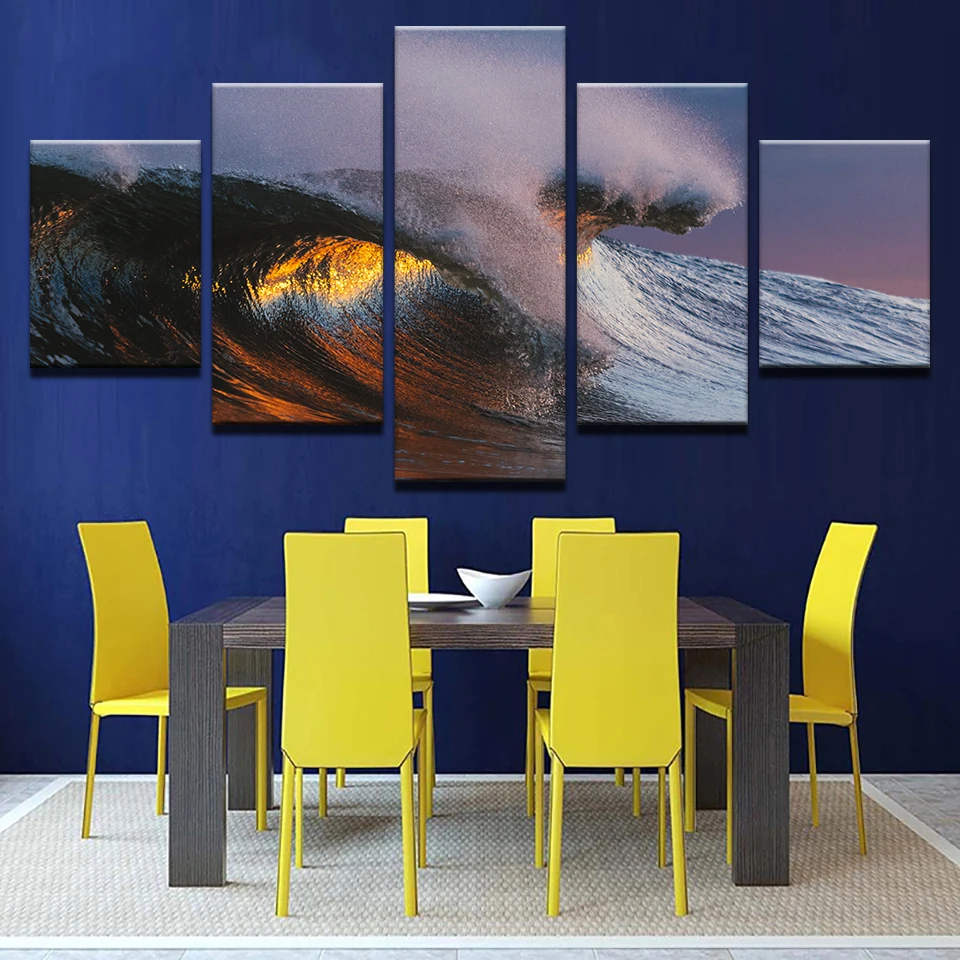 Canvas HD Prints Paintings Wall Art Home Decor 5 Pieces Sunset Sea Waves Seascape Pictures Modular Living Room Posters Framework