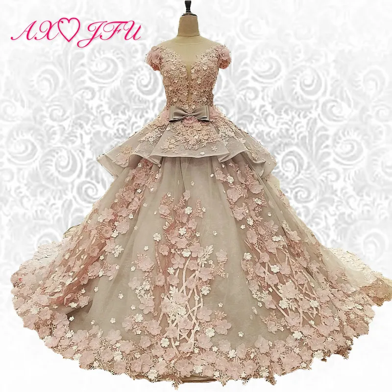 AXJFU New Korean version of the word shoulder lace flowers wedding dress thin font b Slim