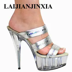 LAIJIANJINXIA/пикантные романтические милые тапочки с кристаллами на высоком каблуке 15 см для ночного клуба; Вечерние Туфли Королевы; женская