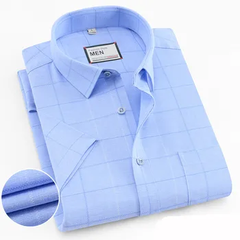 

Men Shirt Summer 2019 High Wrinkle Short Sleeve Viscose Brand Men's Dress Shirt Plaid Breathable Blue Regular Fit Male Shirt M L