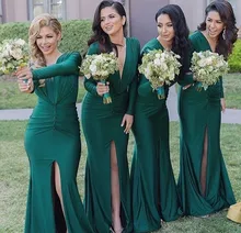 Green 2017 Mermaid Deep V-neck Floor Length Long Sleeves Slit Long Bridesmaid Dresses Cheap Under 50 Wedding Party Dresses