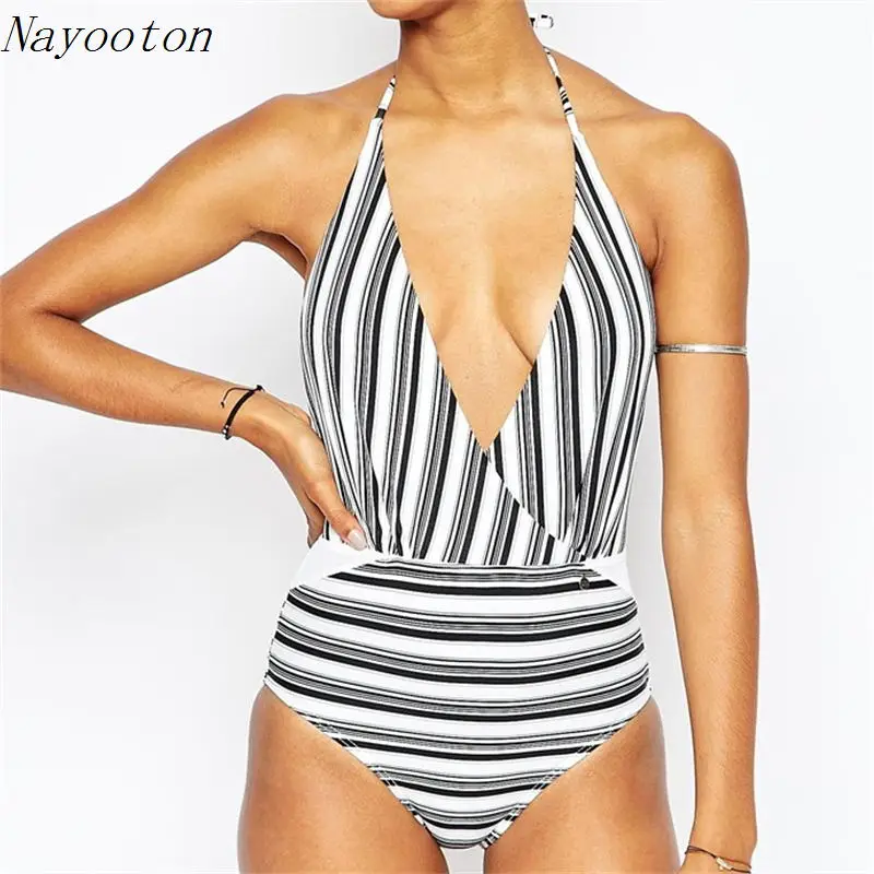 

2019 new Sexy Deep V women plus size swimwear Brazilian style personality one piece swimsuit Black white stripes bathing suit