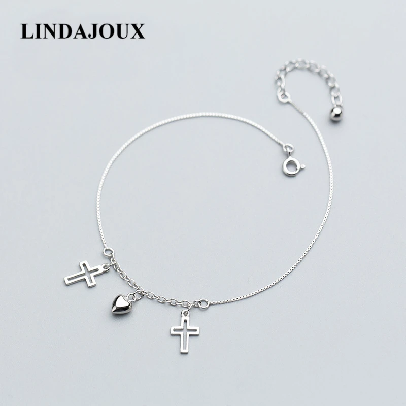 

Simple 925 Sterling Silver Hollow Cross Polish Heart Anklet For Women S925 Ankle Chain Bracelet Adjustable Length Wholesales