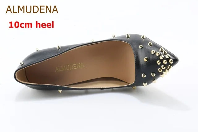 ALMUDENA/пикантные женские модельные туфли-лодочки с заклепками и острым носком; цвет белый, черный; Туфли-гладиаторы с золотыми заклепками; туфли-лодочки на шпильке 10 см, 12 см - Цвет: black 10cm heel