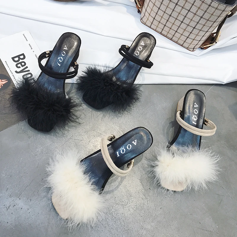 

Women Korean Fuzzy Ankle Strap Sandals Summer Flock Solid Easy Matching Chunky Middle Heels Two Ways Wearing Slippers Large Size