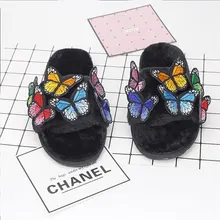 

Women's Home Slippers 2018 Popular Winter Warm Cozy Indoor Faux Fur Soft Colorful Butterfly Shoes Women Basic Fleeses Slippers