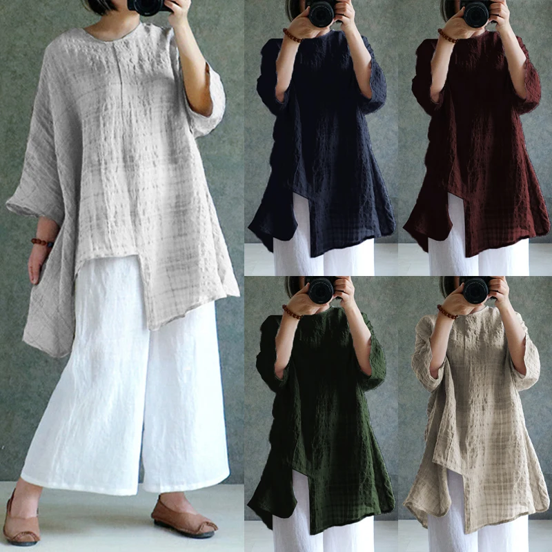 ZANZEA Women Linen Blouse 2019 Summer Autumn Plus Size Tops Long Sleeve Plaid Shirts Oversized Baggy Casual Vintage Blusa 5XL
