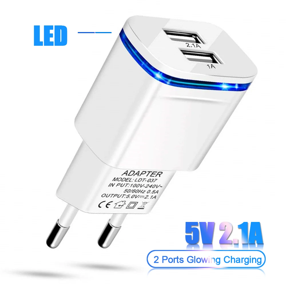 

5V 2.1A Powerful USB EU Charger with LED Auto Charging Fast Charger Power USB Adapter For iPhone X 8 7 plus iPad Samsung cable