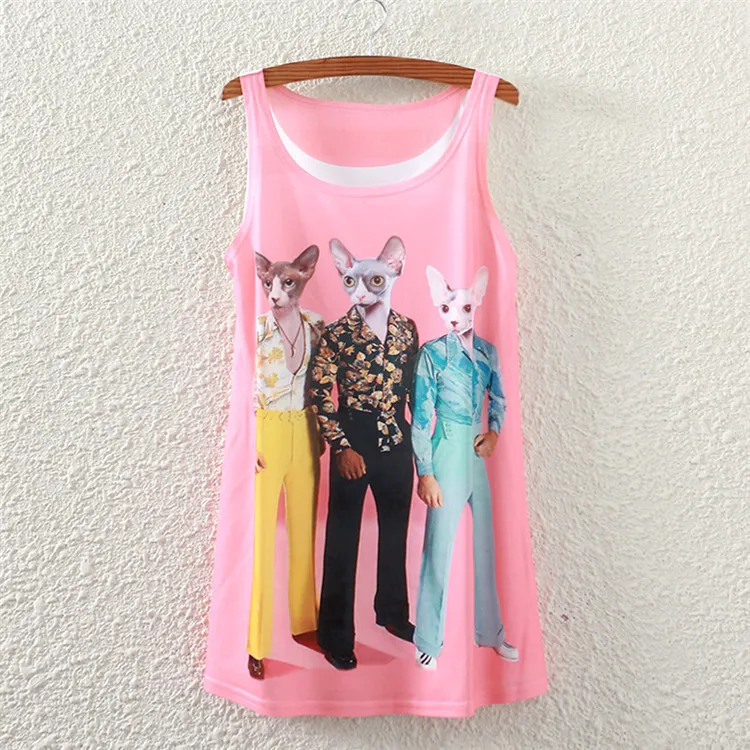 

Summer new 2019 personality cat head character print sleeveless T-shirt large size simple casual women's shirt round neck tide