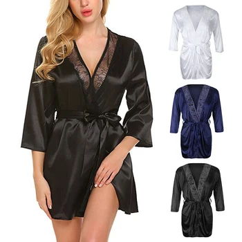 

Women’s Satin Kimono Robe Silk Night Gown Sleepwear with String Thong Lingerie