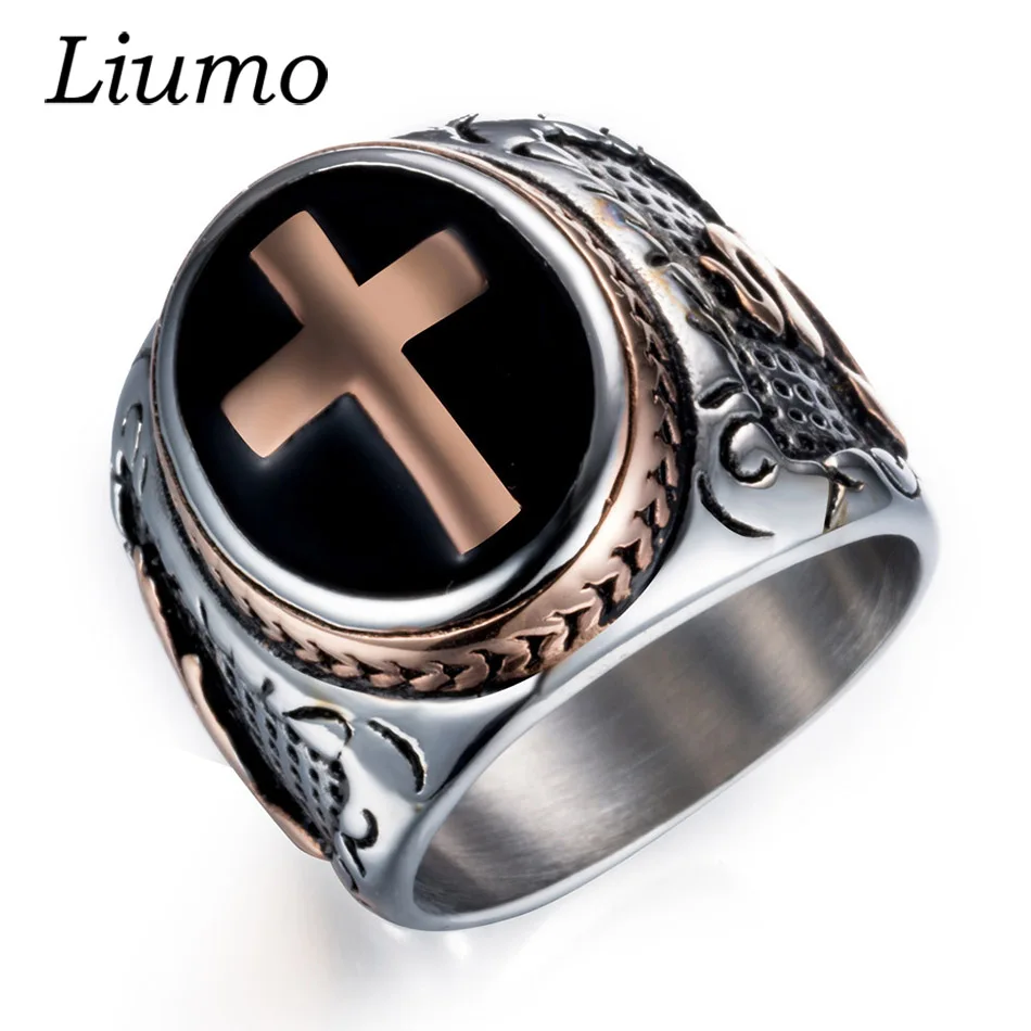 Liumo Vintage Rose Gold Cross 316L Stainless Steel Men Ring Male Ring Lr207