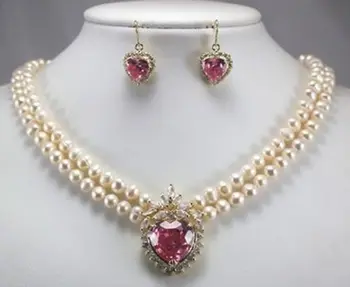 

A0503 Fast shipping + 07845 New 2 row white pearl necklace + heart pink zircon pendant earring set (0430)
