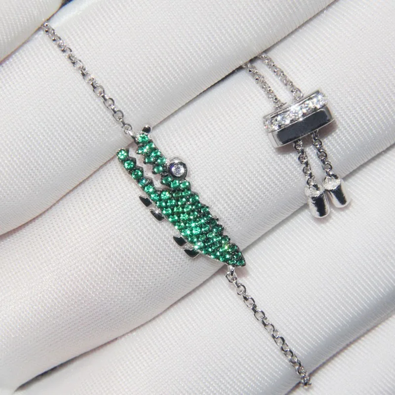 

SLJELY 925 Sterling Silver Micro Cubic Zirconia Green Grocodile Charm Bracelet Adjust Chain Women Monaco Jewelry with Brand Logo