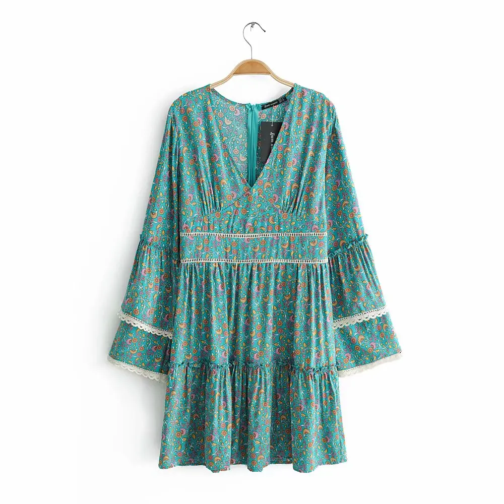 

2019 new women bohemian v neck lace patchwork casual pleats dress female sweet floral print vestidos chic party dresses DS2034