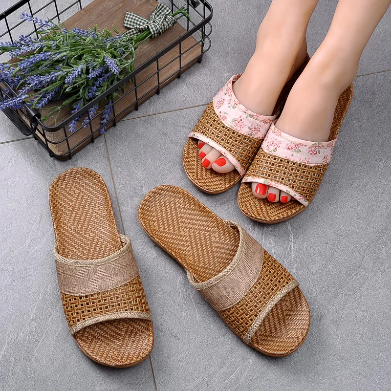 

2019 Home Slippers Women & Men Anti-slip Linen Indoor Summer Open Toe Flats Shoes Slippers