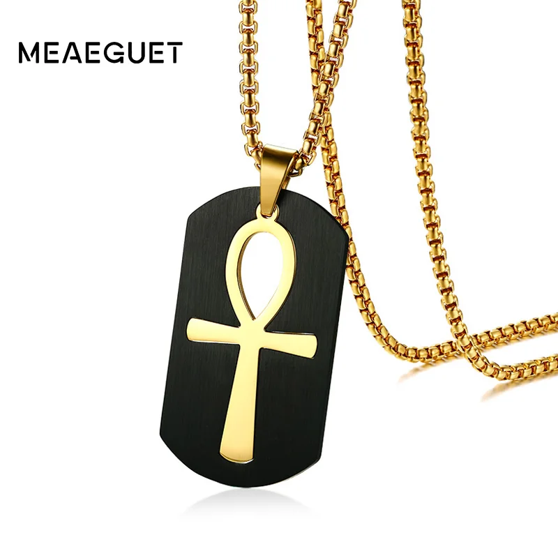 

Meaeguet Egyptian Ankh Necklace Jewelry Gold-color Stainless Steel Pendant For Men Key To Life Egypt Cross With 24" Box Chain