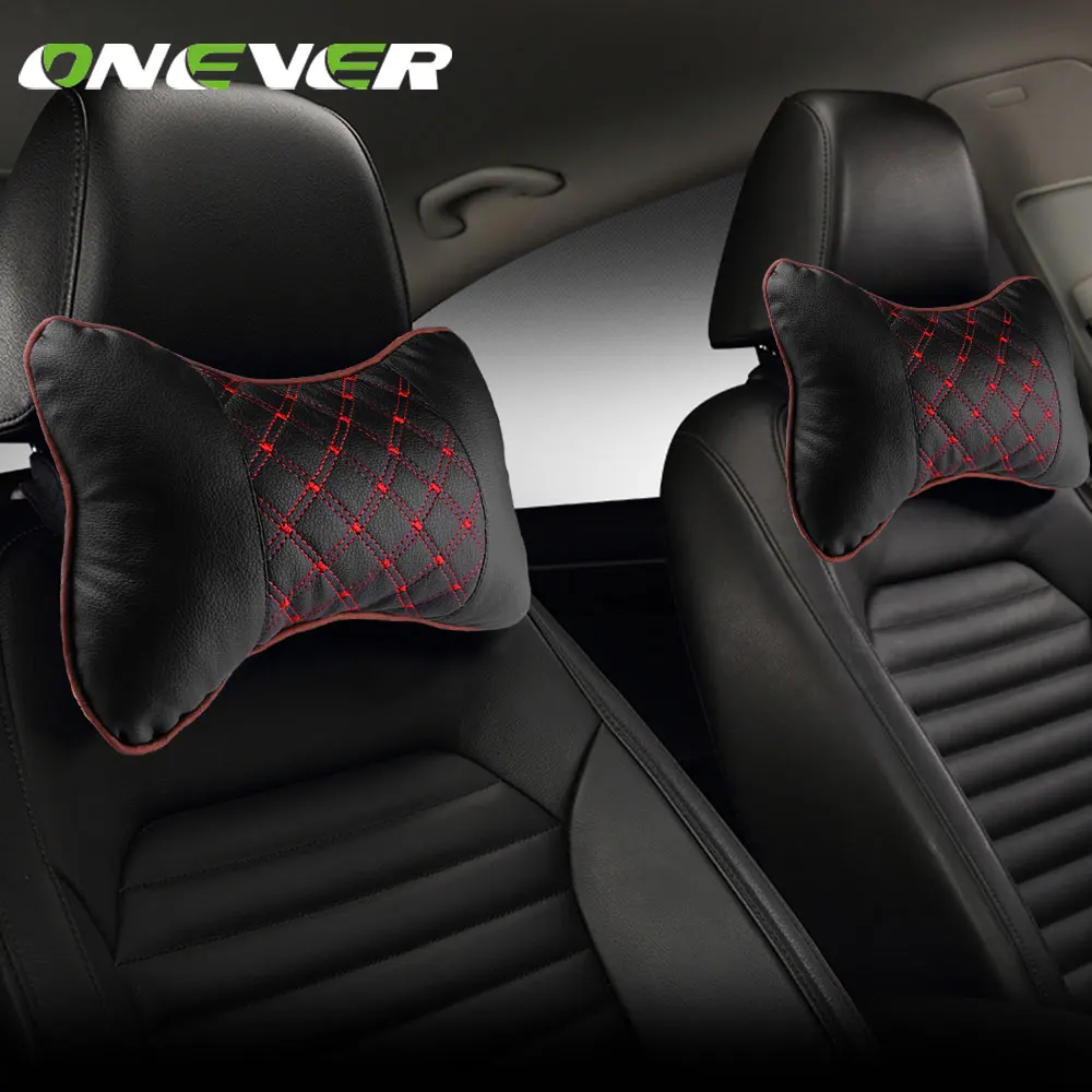 Onever PU Leather Car Neck Pillow Pad Embroidery Auto Headrest Seat Cushion Nap Neck Pillow with