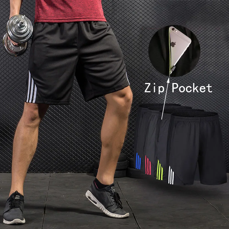 

Men Running Shorts Stripe Zip Pocket Gym Tennis Shorts Quick-Drying Training Fitness Basketball Loose Sport Shorts Plus Size