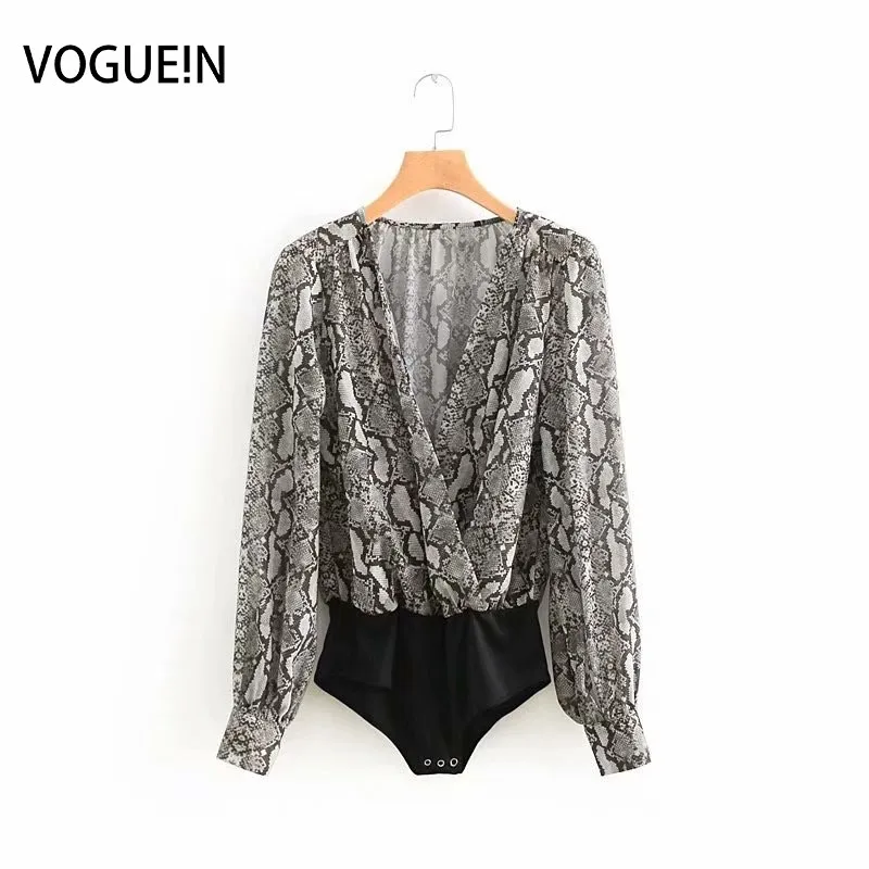 

VOGUEIN New Womens Sexy Animal Snake Print Long Sleeve V-Neck Jumpsuit Playsuit Wholesale