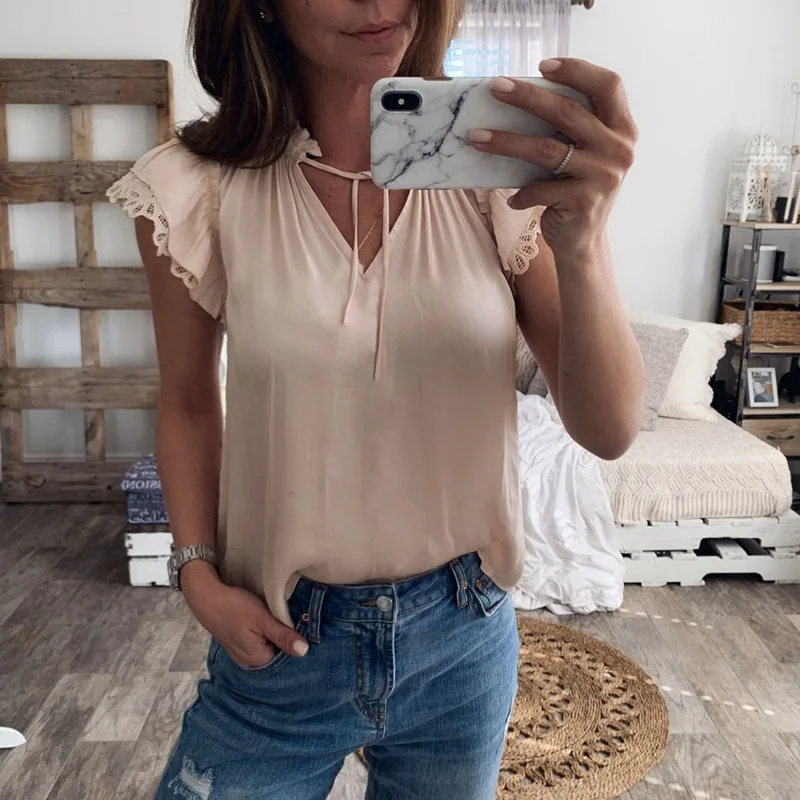 

Summer Sexy Beige T Shirt Women Korean Clothes Short Sleeve Lace V Neck Bandage Shirts Elegant Lady Tshirt Casual Top Streetwear