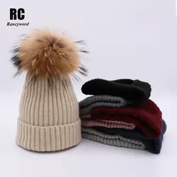 [Rancyword] толстые теплые зимние помпоном шапочка натуральный Мех животных Шапки для Для женщин pom Caps вязаная шапка капот много цвет rc1241