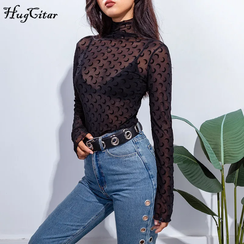 Hugcitar, высокая горловина, длинный рукав, принт, бодикон, прозрачные, тянущиеся топы,, женская мода, уличная одежда, вечерние, повседневные футболки - Цвет: Черный