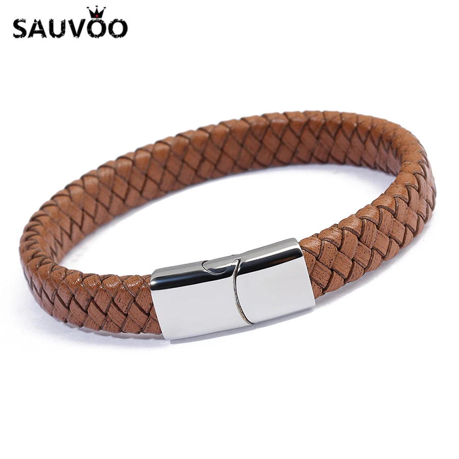 

Sauvoo Brown Flat Leather Bracelet Braided Square Stainless Steel Magnetic Clasps Charms Bangle Bracelet Men Women Jewelry Gifts