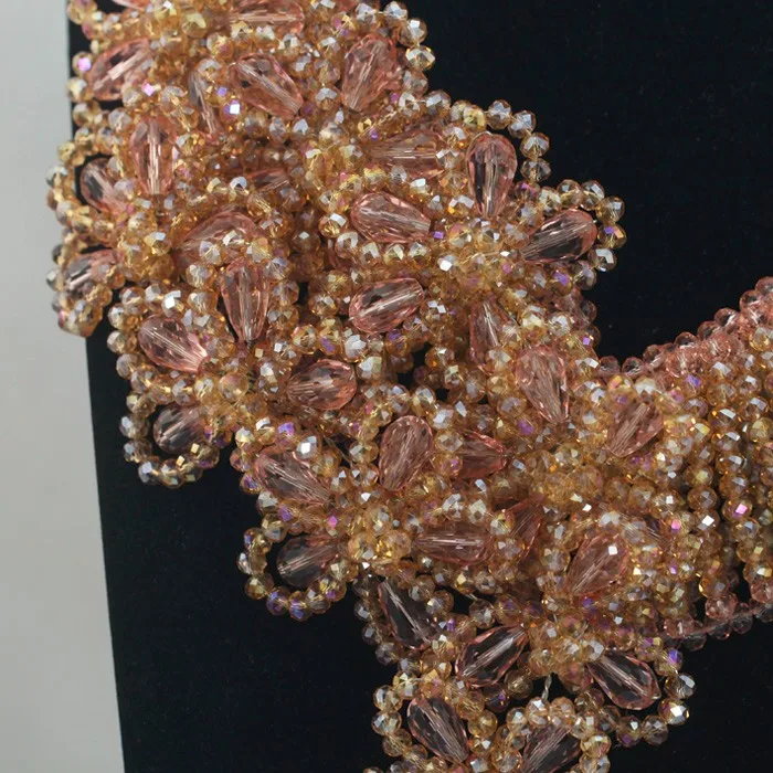 Роскошный свадебный комплект ювелирных изделий цвета шампанского с золотыми цветами, персиковый хрусталь, ожерелье и серьги,, WD749