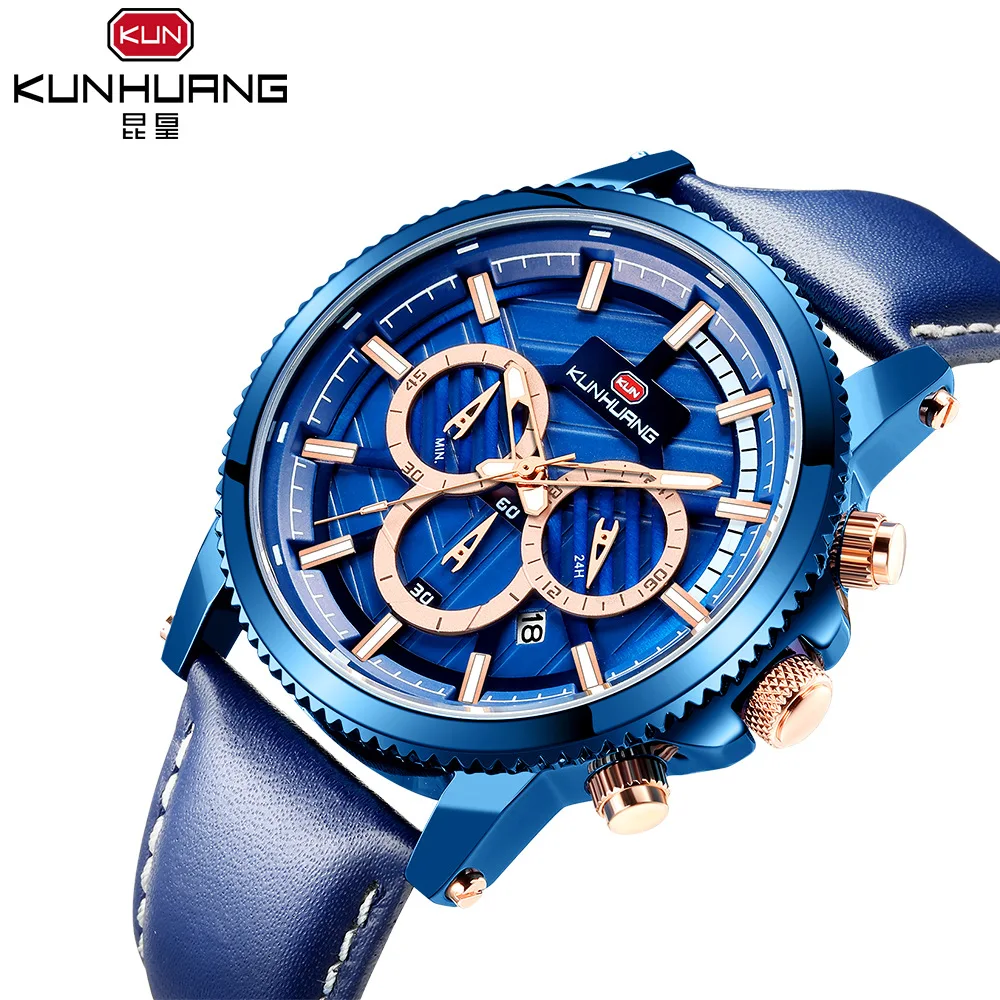 

2019 New Fashion Chronograph Men Watches Analog Quartz Wrist Watches 30M Waterproof Sport Date Leather Watches Saat Montre Homme
