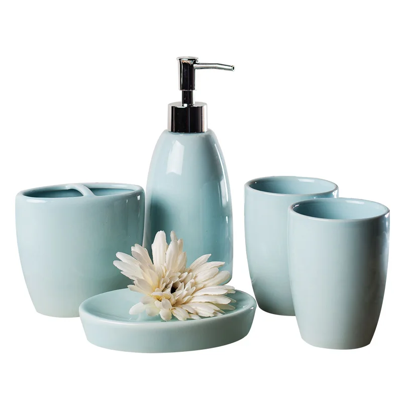 

5 Pcs/Set Nordic Simple Solid Color Green Ceramic Wash Set Bathroom Supplies Wash Set Creative Bathroom Accessories Set