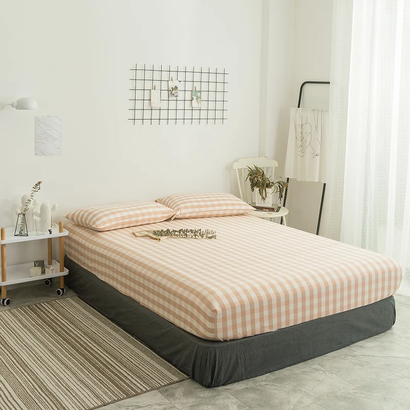 

Bed Sheet With Pillowcase Stylish Orange Small Plaid Pattern Bedding set Bed Linen Queen Size Mattress Covers Fitted Sheet Sets