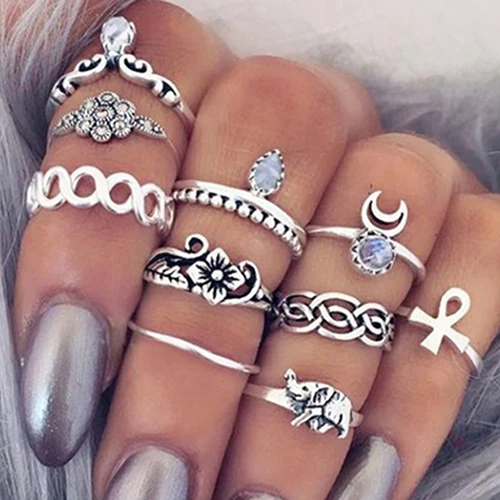 Bluelans 10Pcs/Set Retro Boho Elephant Flower Moon Above Knuckle Midi Finger Ring Jewelry | Украшения и аксессуары