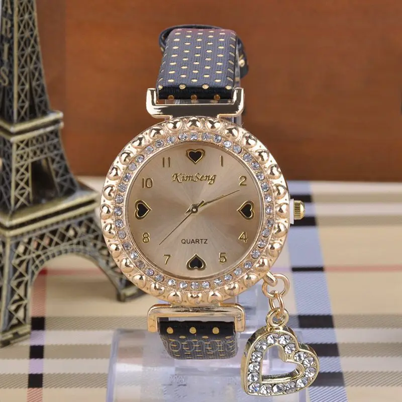 Женские часы кулон в виде сердца со стразами Relojes Mujer кожаные кварцевые Relogio Feminino