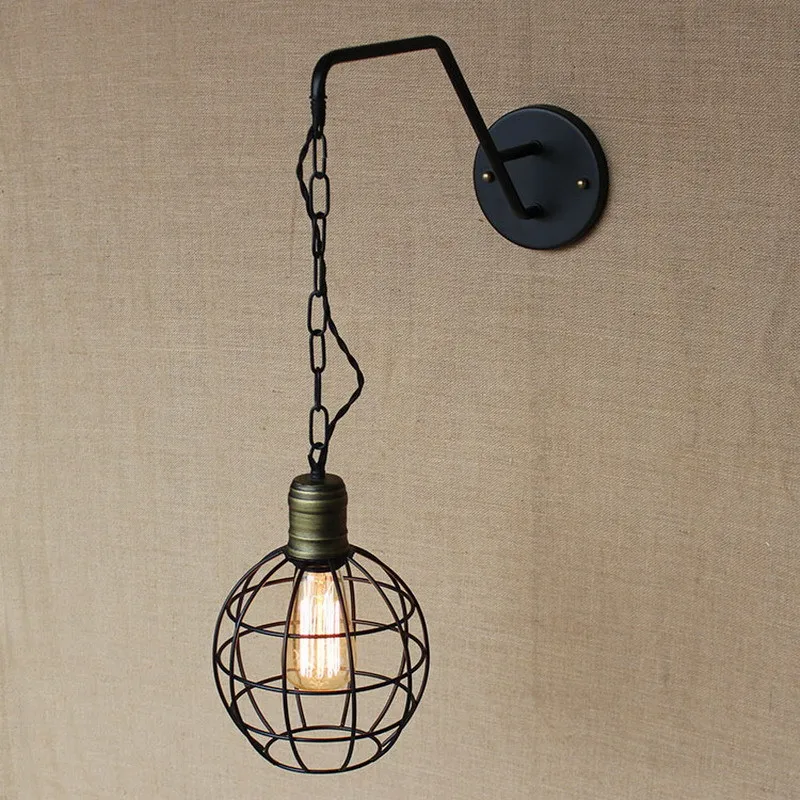 Modern Iron Chain Design Antique Retro Bird Cage Metal Ball Wall Lamps With Long For Workroom Bedside Bedroom Lights|ball wall lamp|designer lampwall