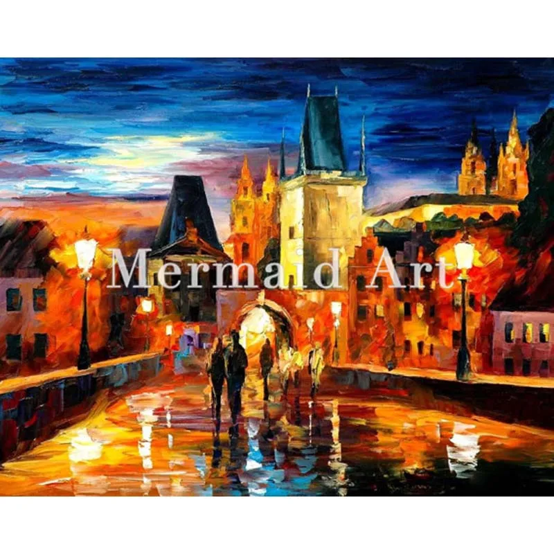 

Hand Painted Oil Painting Night In Prague On Canvas For Abstract Palette Knife Painting Living Room Wall Decor Artwork Fine Art