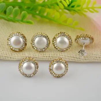 

New ~ 5Pair Pave Golden Color Rhinestone Crystal Pearl Stud Earrings Jewelry Finding