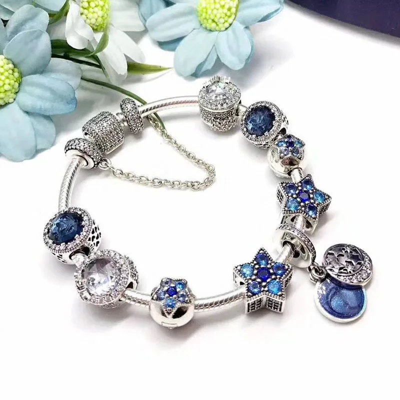 Top Quality Sea World Blue Star Pendant Series Charm Luxurious Jewelry 925 Sterling Silver Heart Locket Charm Bangle For Girls