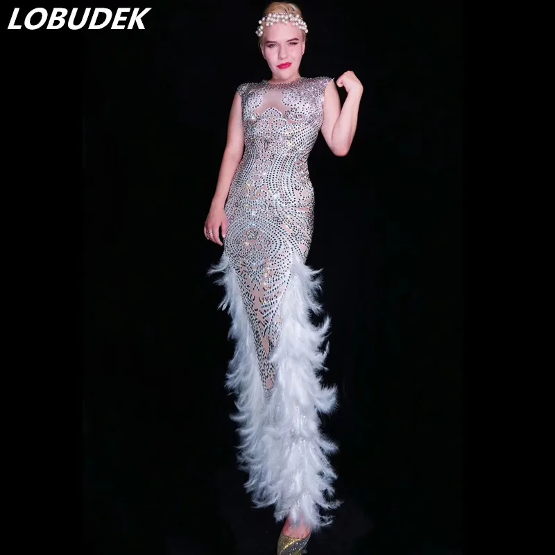 

Sexy Sleeveless Silver Rhinestones Feather Long Dress Lady Birthday Celebration Skinny Dress Singer Dancer Bar Prom Show Costume