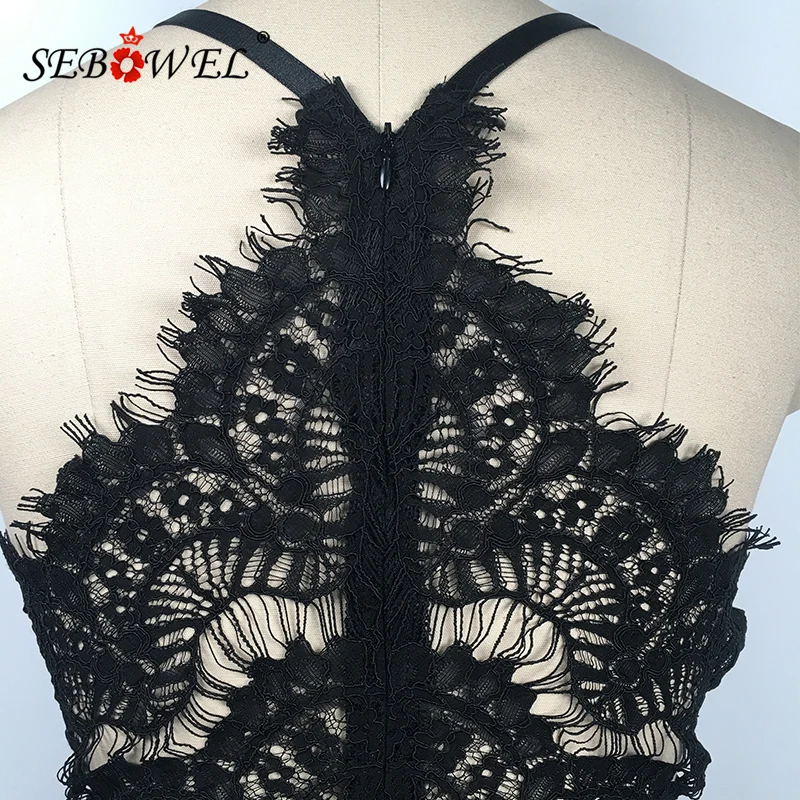 SEBOWEL Sexy Black Eyelash Lace Bodysuit Women V neck High Waist Body Top Sleeveless Teddy Bodysuits Femme Romper Combinaison