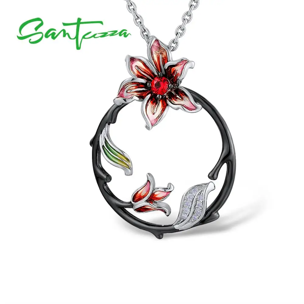 

SANTUZZA Silver Necklaces Pendants For Women Pink Flower Pendant fit for Necklace 925 Sterling Silver Fashion Jewelry Enamel