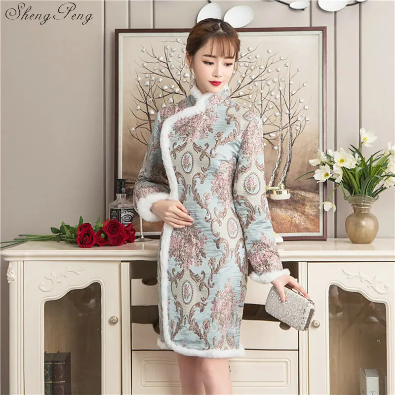 Qipao платье в китайском стиле сексуальное тонкое дамское с меховым воротником зимняя одежда осень зима жаккард Дамская мода V1330