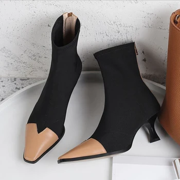 

Women High Heels Ankle Boots Stretch Genuine Leather Women Fashion Shoes Black Wine Red Block Heel Sock Boots Zip Ladies Shoes