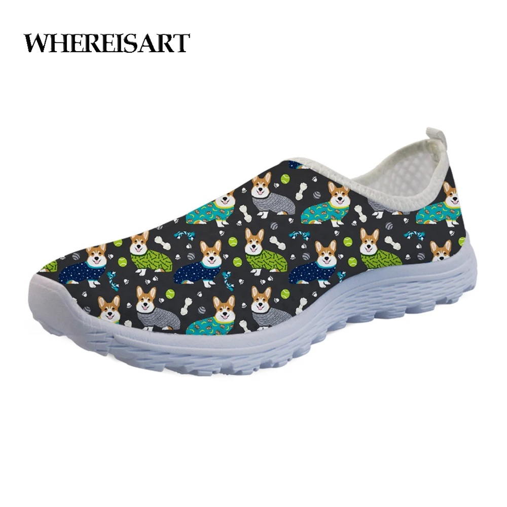 

WHEREISART Casual Women Flats 3D Cute Animal Corgi Dog Prints Summer Mesh Summer Slip-on Sneakers Light Loafers Shoes For Girls