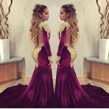 Sexy Burgund Samt Prom Dresses Charming Dubai Kaftan Gold Appliques High Neck Mantel Lang Backless Abendkleid