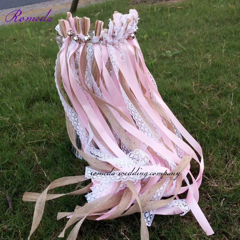 Новинка 40 шт/партия розовая джутовая кружевная Свадебная лента палочки с большими Серебряные Колокольчики для свадебной вечеринки